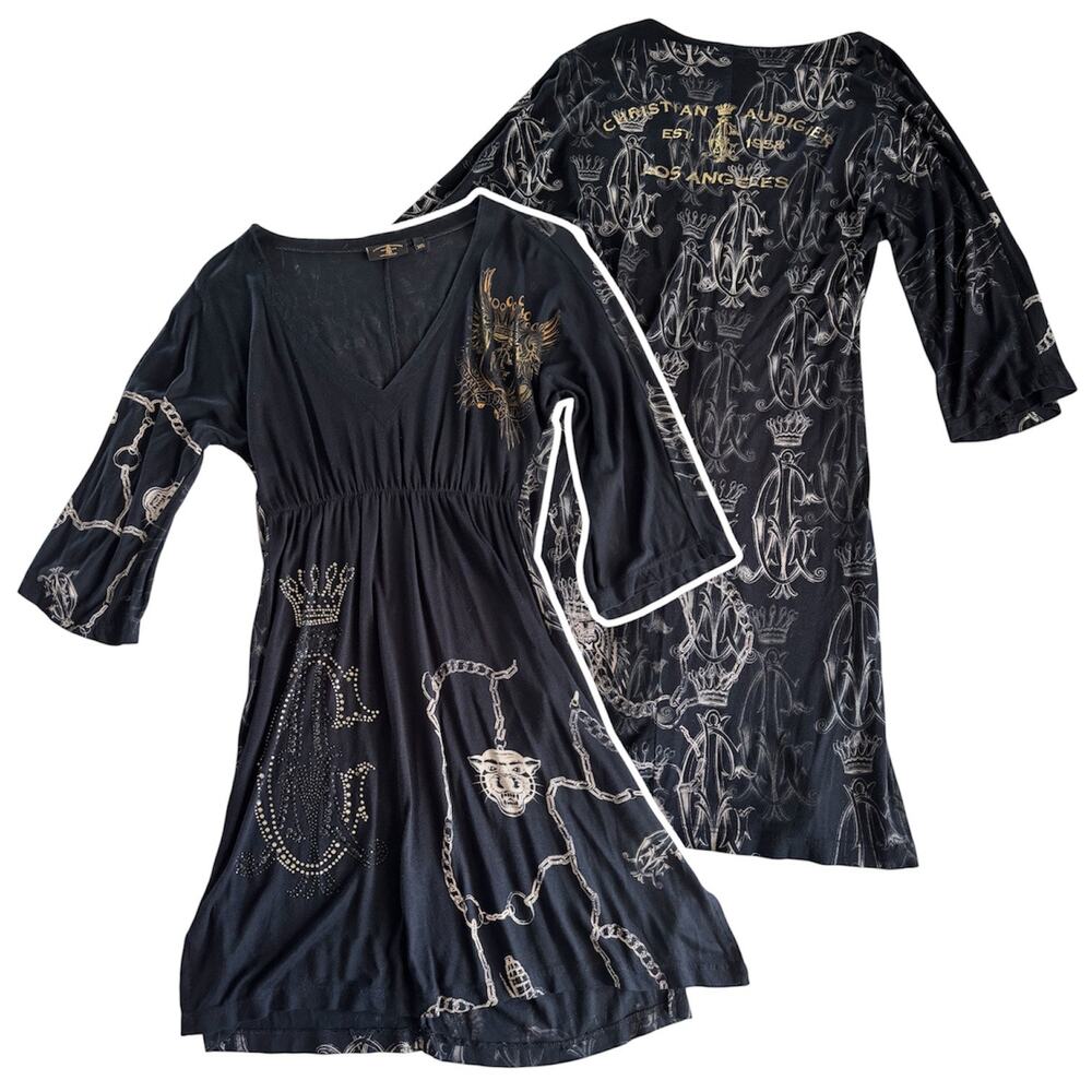 Christian Audigier Y2K Black Tunic Mini Dress Women’s XS V-Neck Whimsygoth